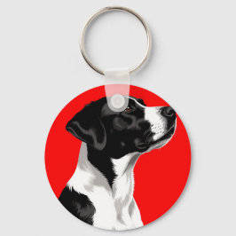 赤い背景に黒とはっきりした白の犬 キーホルダー