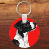 赤い背景に黒とはっきりした白の犬 キーホルダー (正面)