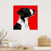赤い背景に黒とはっきりした白の犬 ポスター (キッチン)