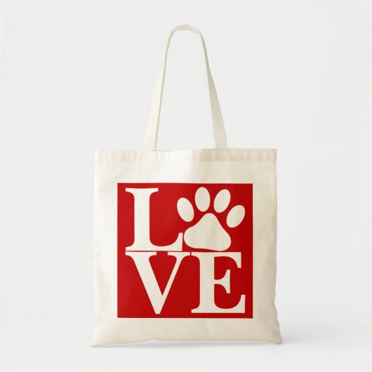 赤い背景にWhite LOVE Wordの犬の足跡パターン トートバッグ (正面)
