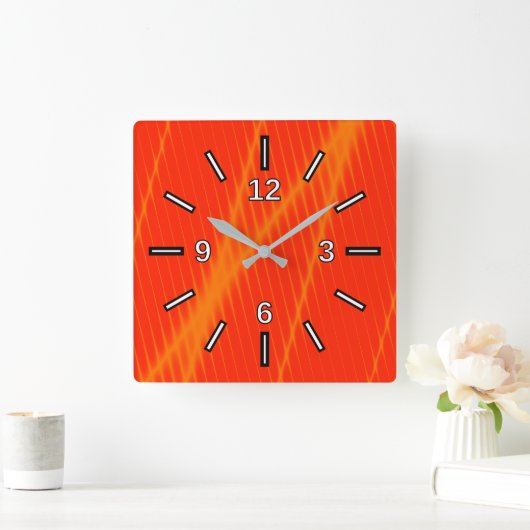 赤い背景のオレンジ色のレーザー光線のルックライン スクエア壁時計 (ホーム)