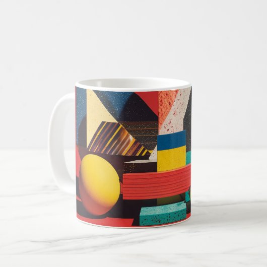 赤い背景のカラフルな幾何学模様 コーヒーマグカップ (正面左)