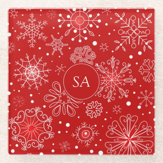 赤い背景のクリスマスに美しい雪 ガラスコースター (正面)