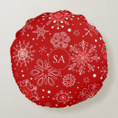 赤い背景のクリスマスに美しい雪 ラウンドクッション (裏面)