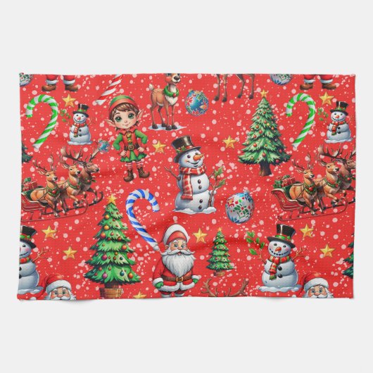赤い背景のクリスマスの装飾的なパターン キッチンタオル (横)