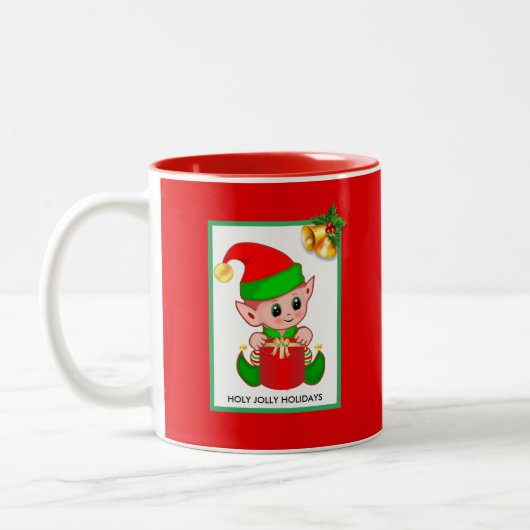 赤い背景のクリスマスエルフ ツートーンマグカップ (左)