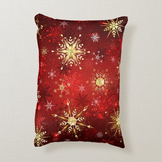 赤い背景のクリスマスゴールデンスノーフレーク アクセントクッション (裏面(縦))