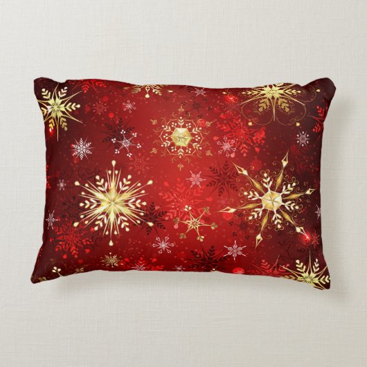 赤い背景のクリスマスゴールデンスノーフレーク アクセントクッション (裏面)