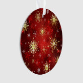 赤い背景のクリスマスゴールデンスノーフレーク オーナメント (正面)