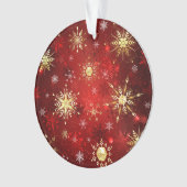 赤い背景のクリスマスゴールデンスノーフレーク オーナメント (正面)
