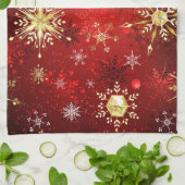 赤い背景のクリスマスゴールデンスノーフレーク キッチンタオル (折り畳み)