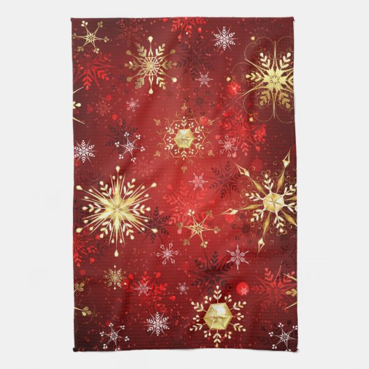 赤い背景のクリスマスゴールデンスノーフレーク キッチンタオル (縦)