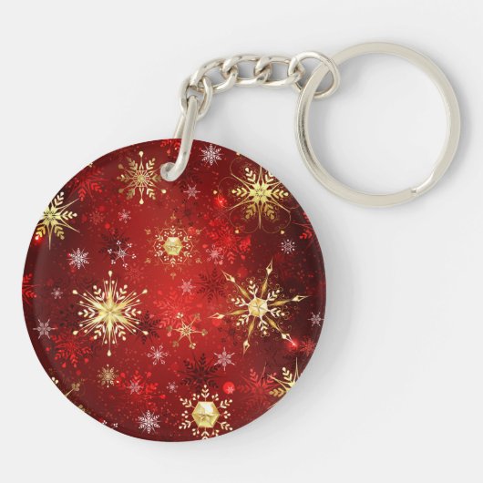 赤い背景のクリスマスゴールデンスノーフレーク キーホルダー (裏面)