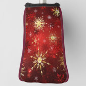 赤い背景のクリスマスゴールデンスノーフレーク ゴルフヘッドカバー (回転90)