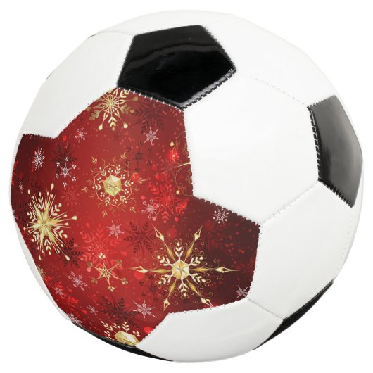 赤い背景のクリスマスゴールデンスノーフレーク サッカーボール (3/4)