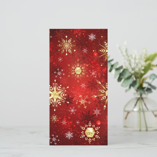 赤い背景のクリスマスゴールデンスノーフレーク サンキューカード (スタンド正面)