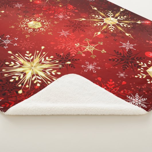 赤い背景のクリスマスゴールデンスノーフレーク シェルパブランケット (3/4)