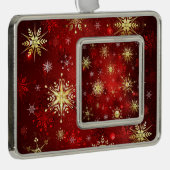 赤い背景のクリスマスゴールデンスノーフレーク シルバープレートフレームオーナメント (右)