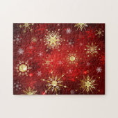 赤い背景のクリスマスゴールデンスノーフレーク ジグソーパズル (横)