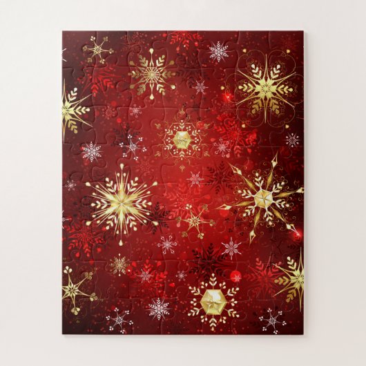 赤い背景のクリスマスゴールデンスノーフレーク ジグソーパズル (縦)