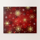 赤い背景のクリスマスゴールデンスノーフレーク ジグソーパズル (横)