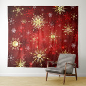 赤い背景のクリスマスゴールデンスノーフレーク タペストリー (インサイチュ(横))