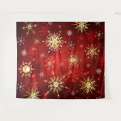 赤い背景のクリスマスゴールデンスノーフレーク タペストリー (正面(横))