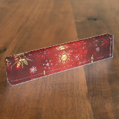 赤い背景のクリスマスゴールデンスノーフレーク デスクネームプレート (側面)