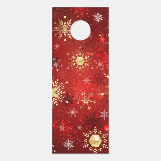 赤い背景のクリスマスゴールデンスノーフレーク ドアノブサイン (正面)