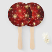 赤い背景のクリスマスゴールデンスノーフレーク ハンドファン (正面&裏面)