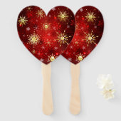 赤い背景のクリスマスゴールデンスノーフレーク ハンドファン (正面&裏面)