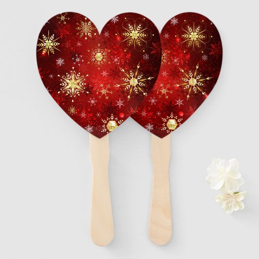 赤い背景のクリスマスゴールデンスノーフレーク ハンドファン (正面&裏面)