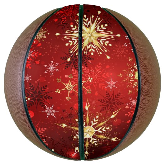 赤い背景のクリスマスゴールデンスノーフレーク バスケットボール (縦)