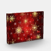 赤い背景のクリスマスゴールデンスノーフレーク フォトブロック (左)