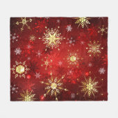 赤い背景のクリスマスゴールデンスノーフレーク フリースブランケット (正面(横))