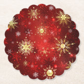 赤い背景のクリスマスゴールデンスノーフレーク ペーパーコースター (正面)