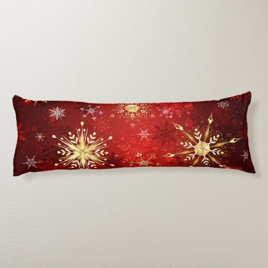赤い背景のクリスマスゴールデンスノーフレーク ボディピロー (裏面)