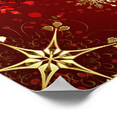赤い背景のクリスマスゴールデンスノーフレーク ポスター (角)