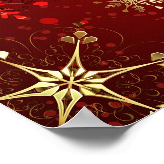 赤い背景のクリスマスゴールデンスノーフレーク ポスター (角)