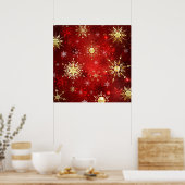 赤い背景のクリスマスゴールデンスノーフレーク ポスター (キッチン)