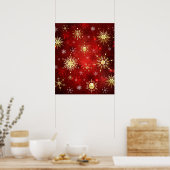 赤い背景のクリスマスゴールデンスノーフレーク ポスター (キッチン)