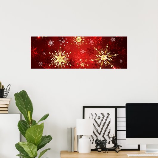 赤い背景のクリスマスゴールデンスノーフレーク ポスター (ホームオフィス)