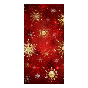 赤い背景のクリスマスゴールデンスノーフレーク ポスター