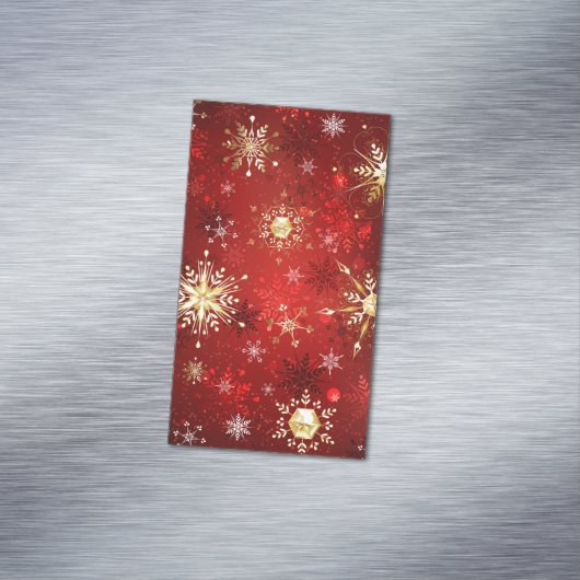 赤い背景のクリスマスゴールデンスノーフレーク マグネット名刺 (インサイチュ)