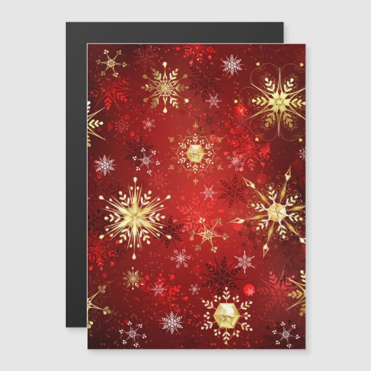 赤い背景のクリスマスゴールデンスノーフレーク マグネット招待状 (正面/裏面)