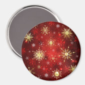 赤い背景のクリスマスゴールデンスノーフレーク マグネット (正面/裏面)