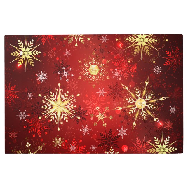 赤い背景のクリスマスゴールデンスノーフレーク メタルプリント (正面)