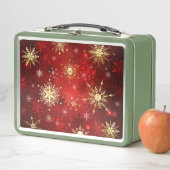赤い背景のクリスマスゴールデンスノーフレーク メタルランチボックス (インサイチュ)