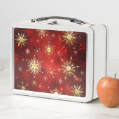 赤い背景のクリスマスゴールデンスノーフレーク メタルランチボックス (インサイチュ)