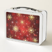 赤い背景のクリスマスゴールデンスノーフレーク メタルランチボックス (裏面)